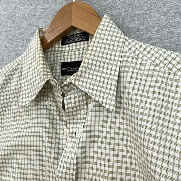 Croft & Barrow Shirt Mens 16 White Tan Check Button Up Wrinkle Free Long Sleeve - Picture 6 of 12